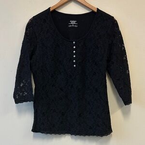 Dressbarn Black Lace 3/4 Sleeve Henley Top with Button Detail